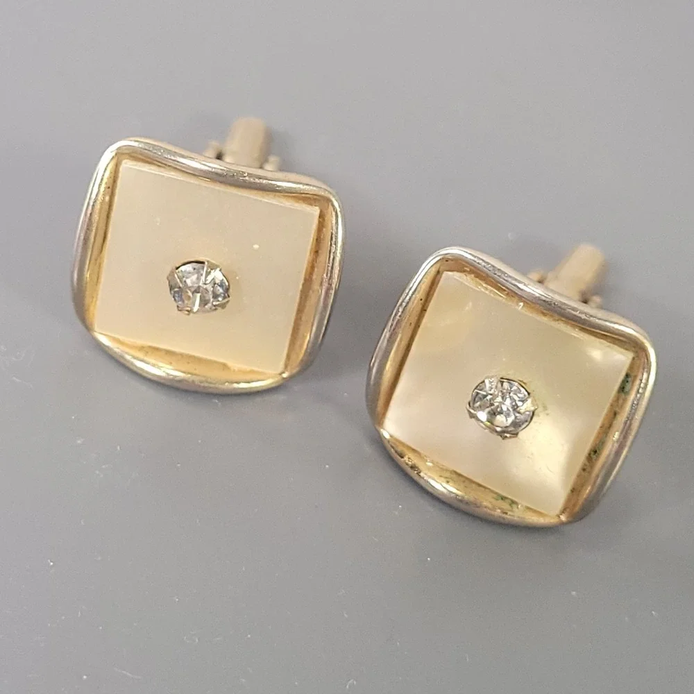 Vintage Gold Tone Cufflinks Mother of Pearl Rhinestone Square Mens Formal